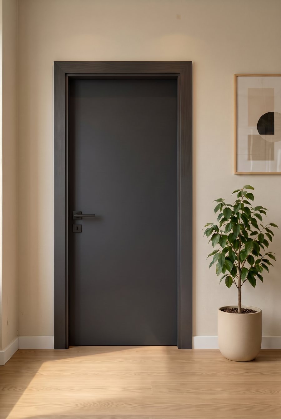 Porta lisa preta com batente preto e maçaneta preta.