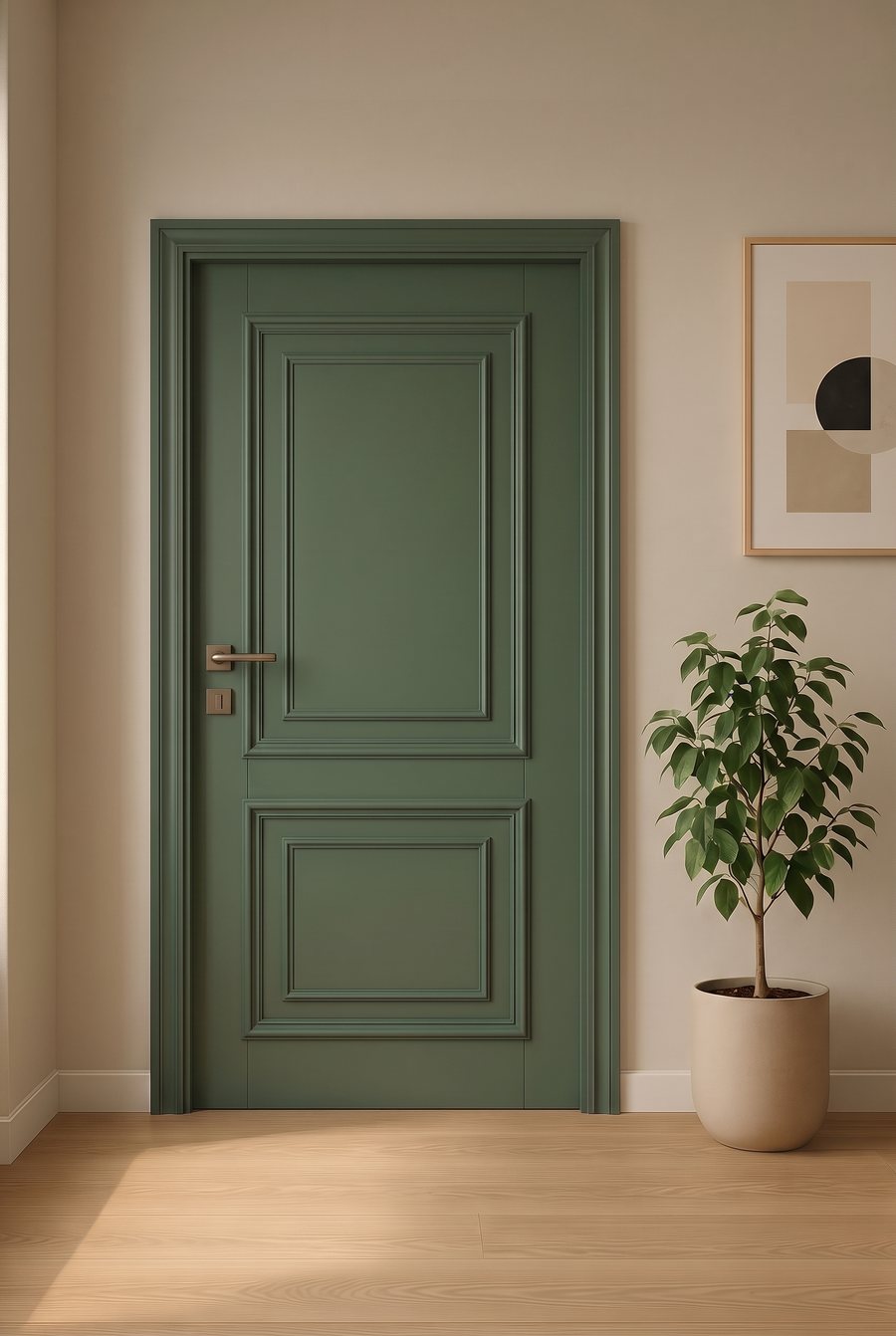 Porta verde com molduras clássicas em relevo e maçaneta bronze.