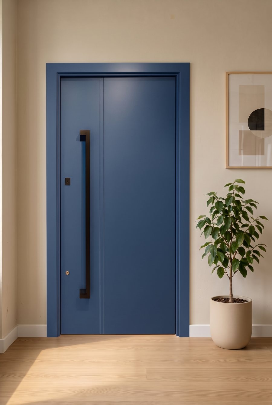 Porta pivotante azul com puxador vertical preto.