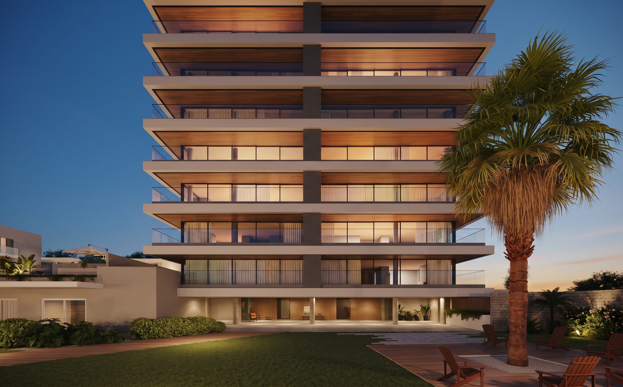 Perspectiva do One Residence ao entardecer, com varandas amadeiradas.